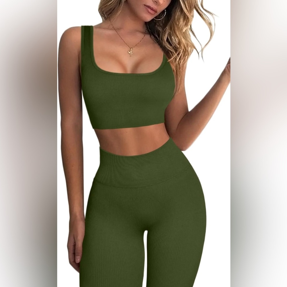 Olive Green Ribbed Leggings and Sports Bra Set